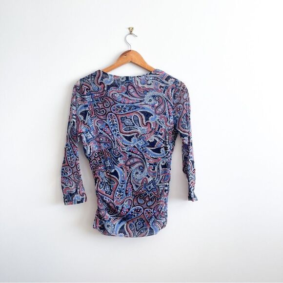 INC International Concepts Blouse Paisley Rhinestones Stretchy Ruching Women's L - Picture 2 of 8